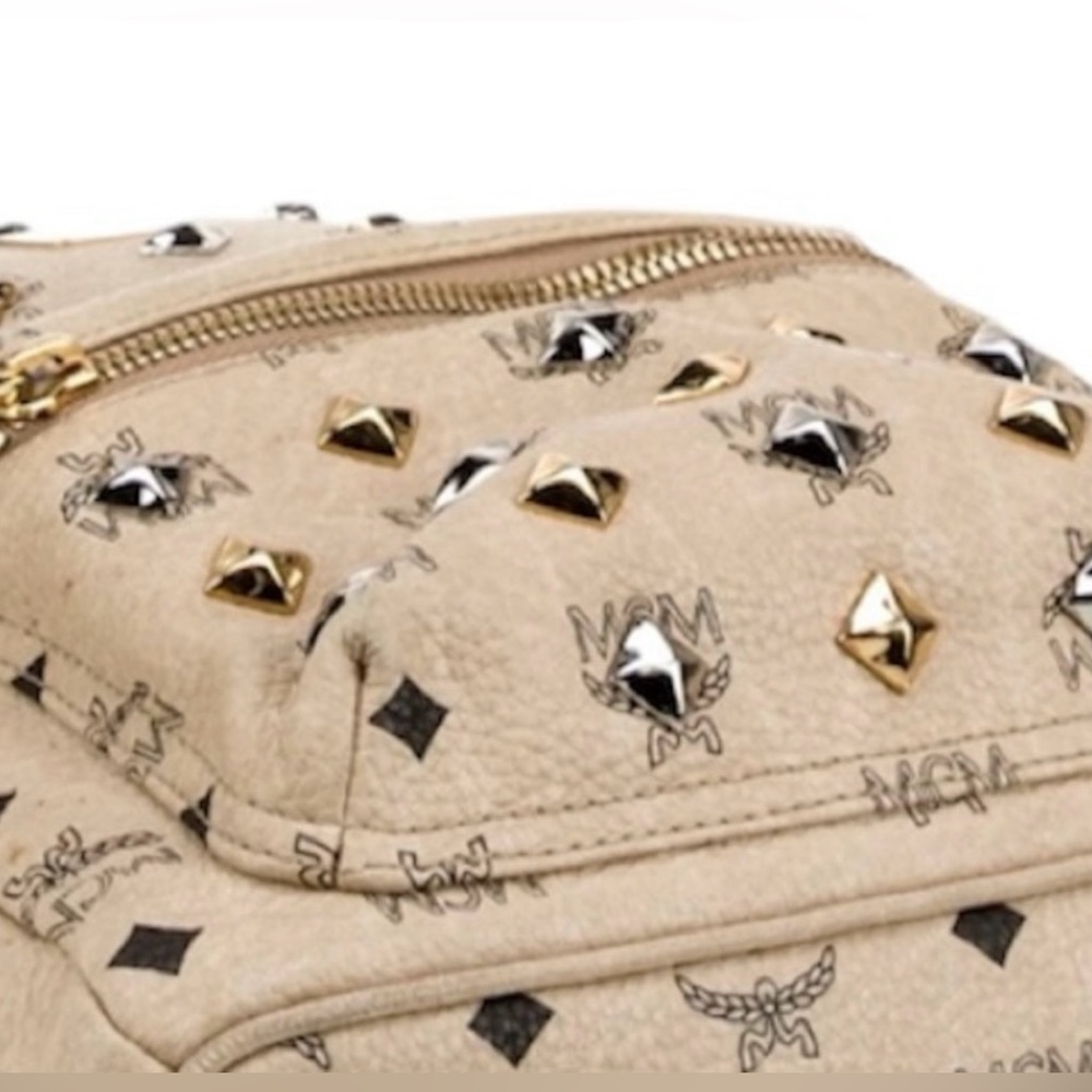 MCM Beige Visetos Silver and Gold Pyramid Studded Backpack with Dust Bag - Picture 4 of 16